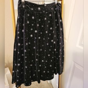 Unique Vintage black velvet midi skirt with silver star print Size M